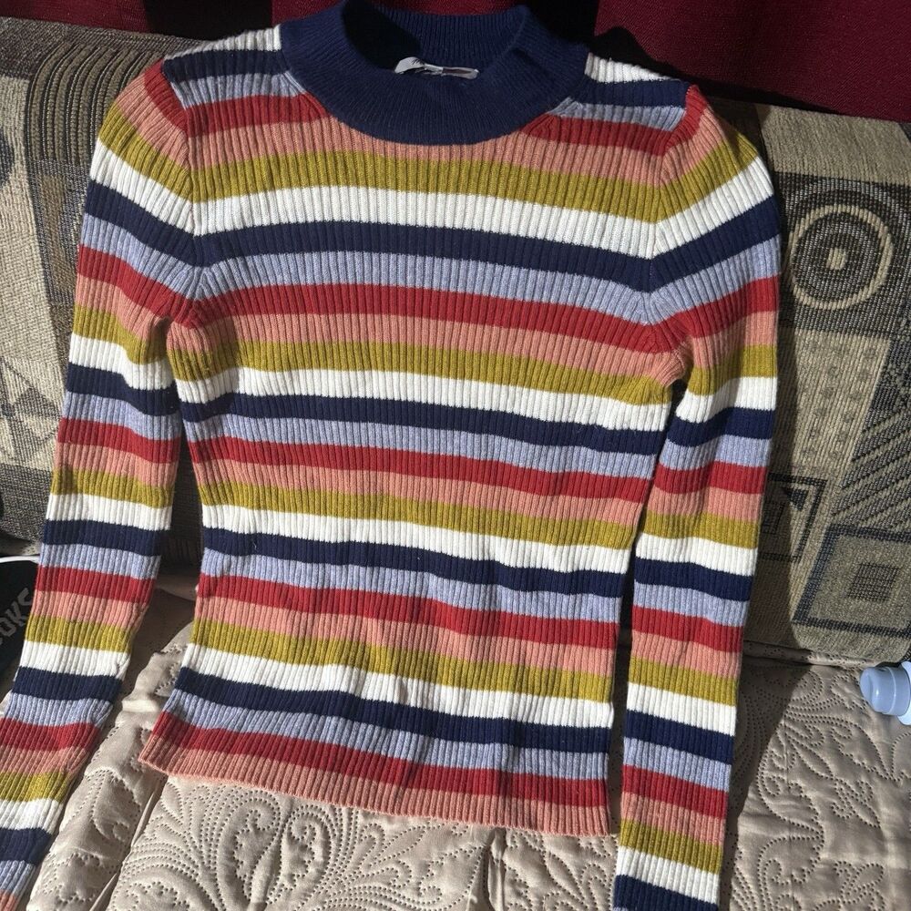 madewell top Xs Small Ribbed Gray Blue Striped stretchy high neck A4